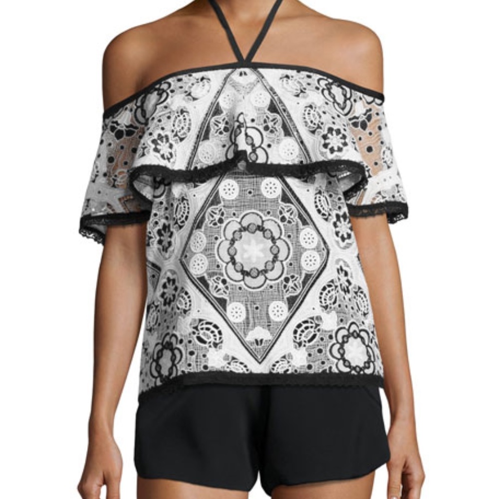 Alexis Off-The-Shoulder Contrast-Trim Top, Black/White